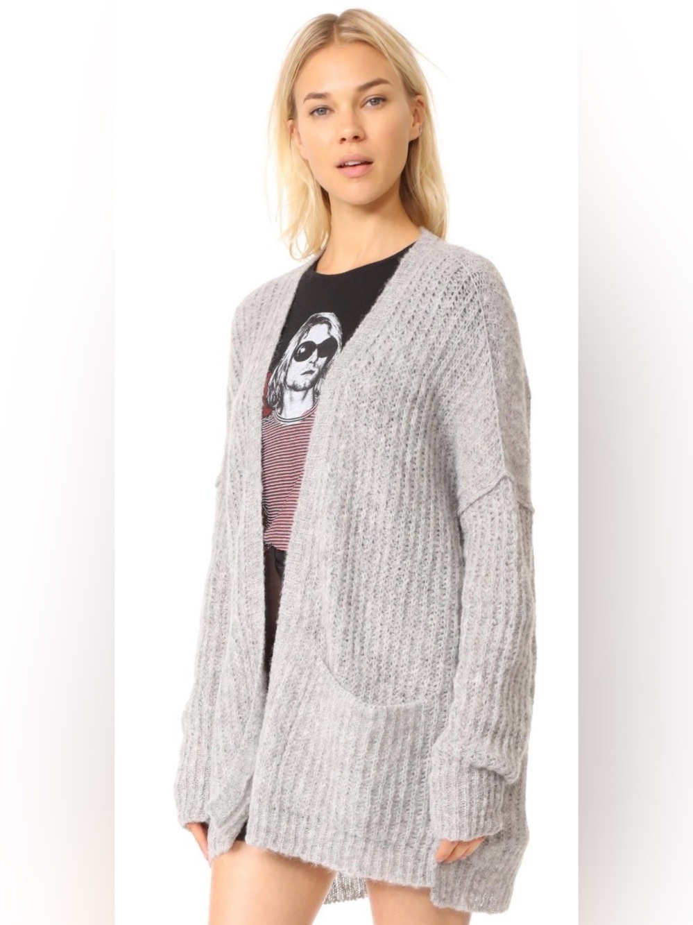 Free People Alpaca  Heather Light Gray Open-Front Ribbed Cardigan